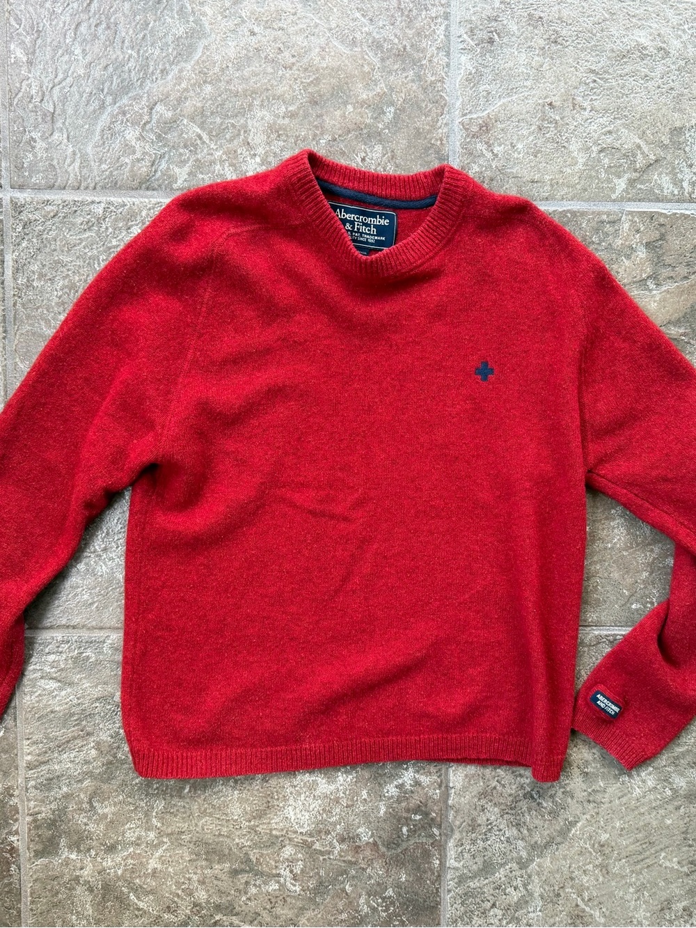 Vintage Abercrombie & Fitch Men's Red Wool Blend Crewneck Sweater Navy Cross XL